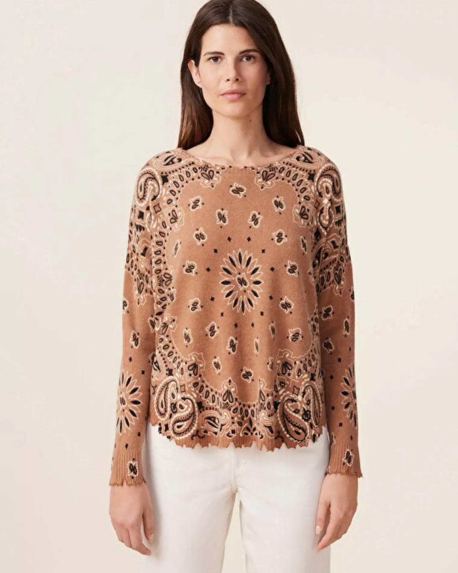 Kujten Sweaters & Sweatshirts>Women Round Neck Cashmere Sweater, 2-Threads Caramelo