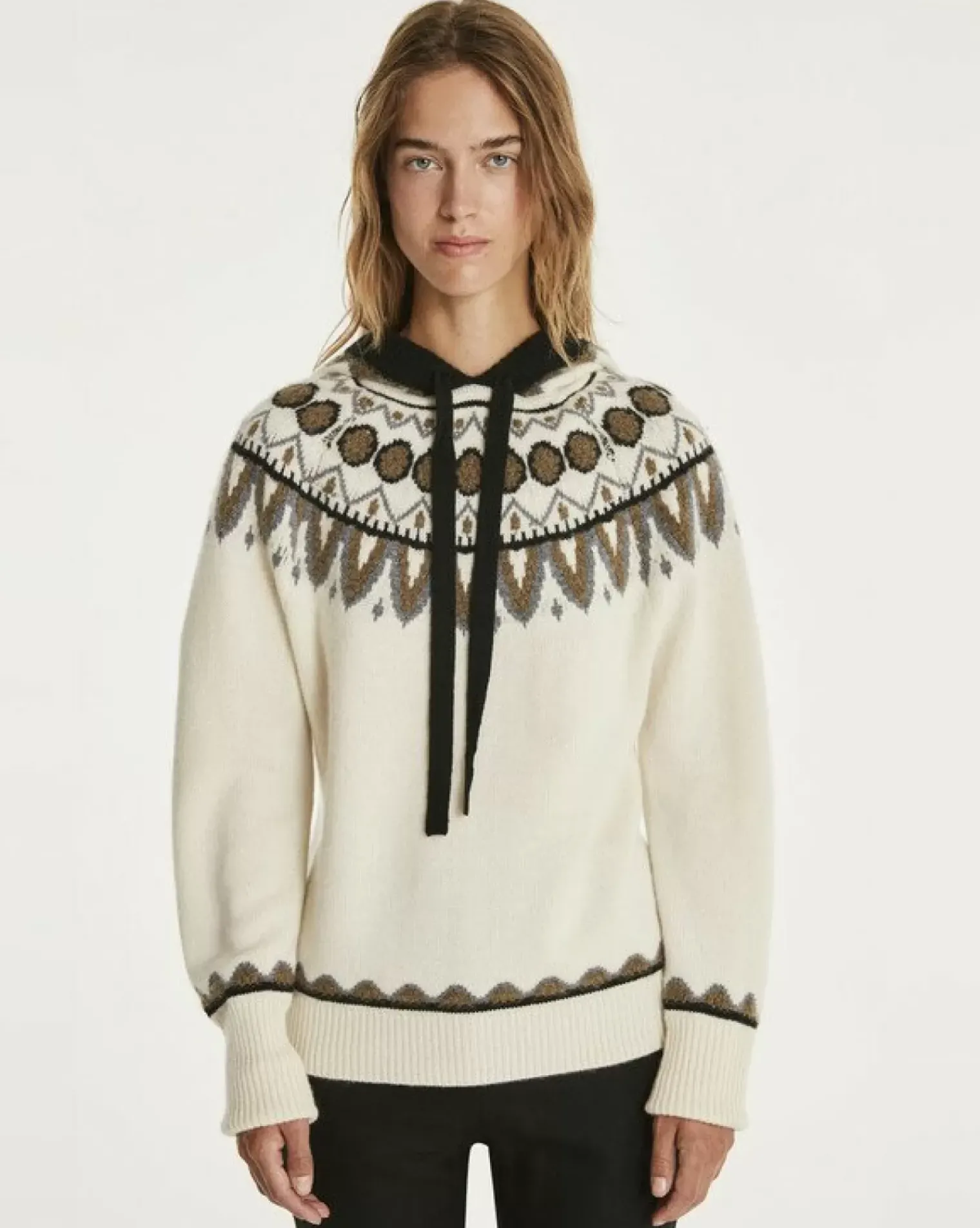 Kujten Hoodies>Women Scandinavian Hooded Cashmere Sweater, 6-Threads Blanc Vintage