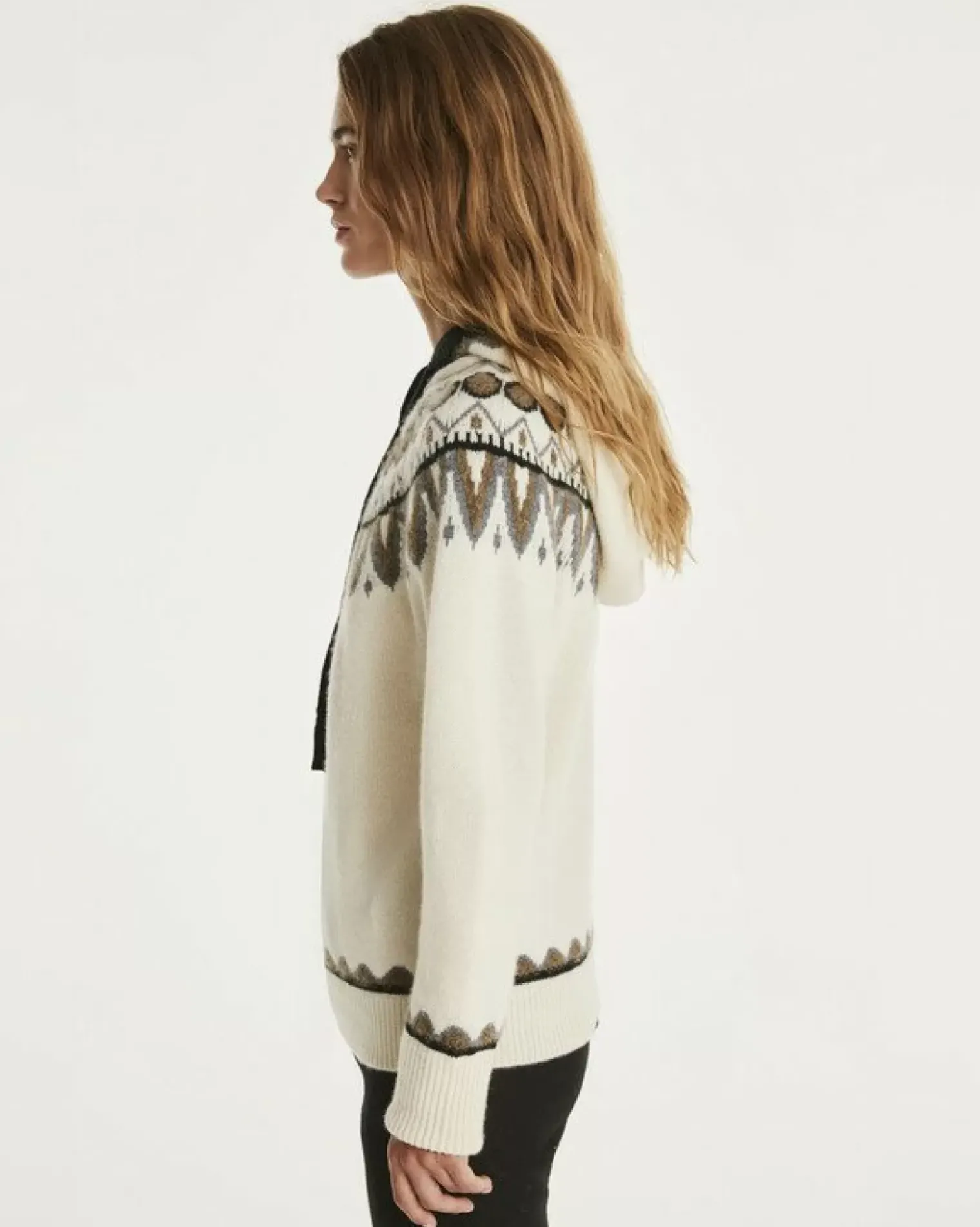 Kujten Hoodies>Women Scandinavian Hooded Cashmere Sweater, 6-Threads Blanc Vintage