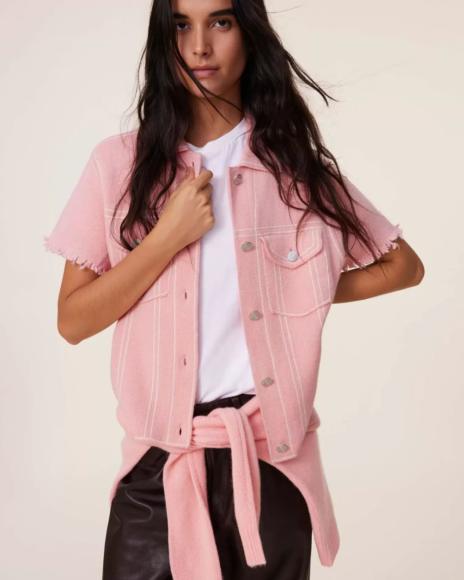 Kujten Jackets & Vests>Women Short Cashmere Jacket, 2-Threads Rose Guimauve