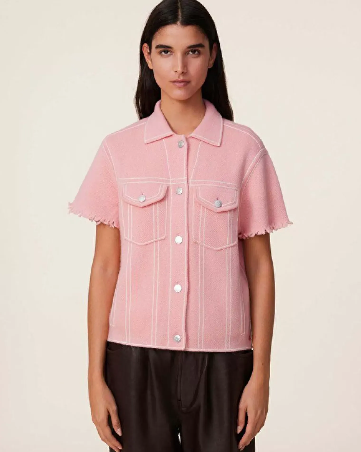 Kujten Jackets & Vests>Women Short Cashmere Jacket, 2-Threads Rose Guimauve