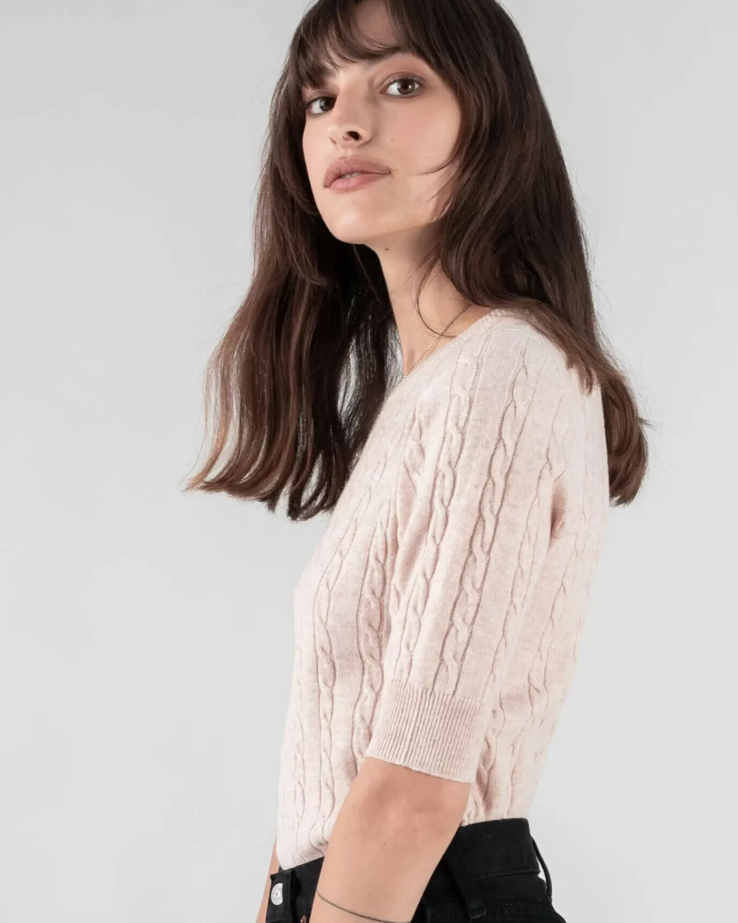 Kujten Sweaters & Sweatshirts>Women Short Sleeves Cashmere Sweater Rose Poudre Chine