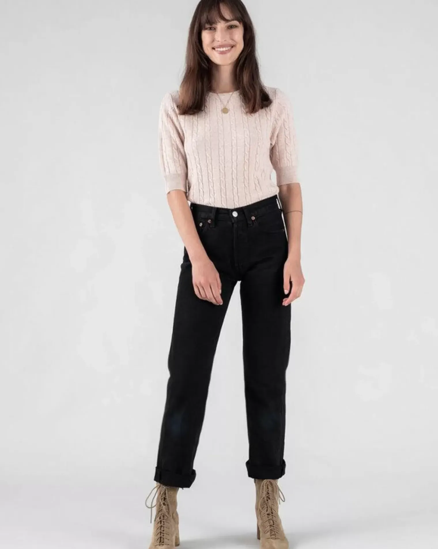 Kujten Sweaters & Sweatshirts>Women Short Sleeves Cashmere Sweater Rose Poudre Chine