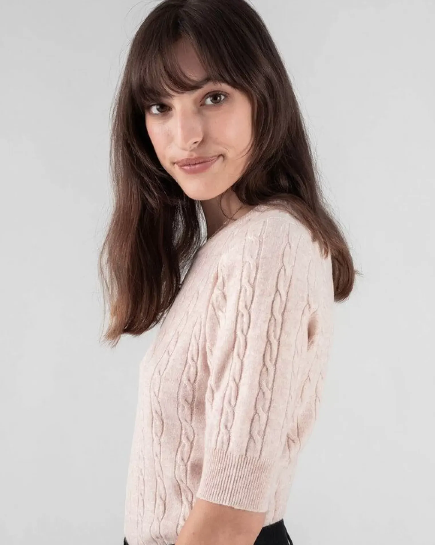 Kujten Sweaters & Sweatshirts>Women Short Sleeves Cashmere Sweater Rose Poudre Chine