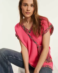 Kujten Sweaters & Sweatshirts>Women Sleeveless Oversized V-Neck Cashmere Sweater Rose Fluo