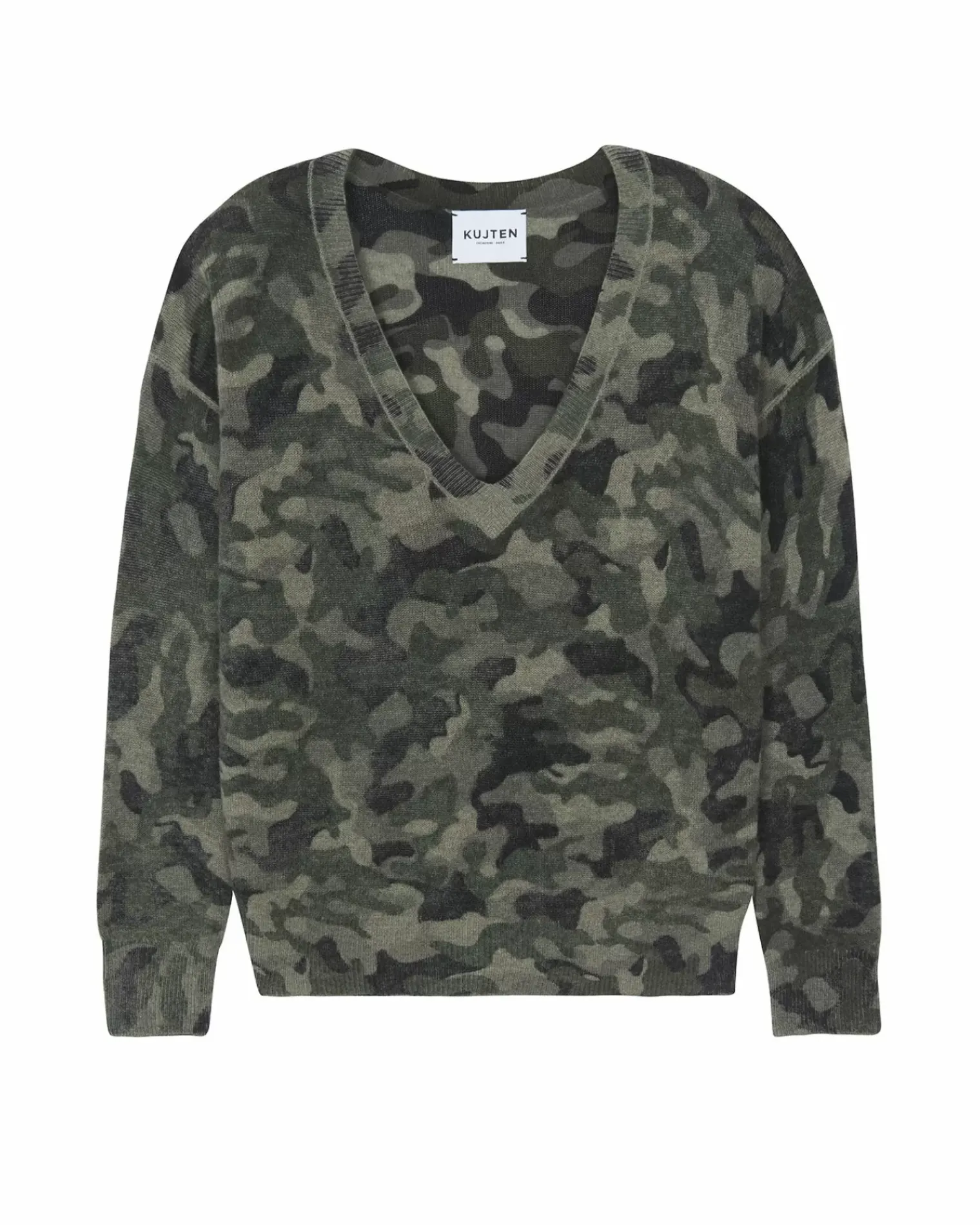 Kujten Sweaters & Sweatshirts>Women V-Neck Boyfriend Cashmere Sweater Kaki Chine