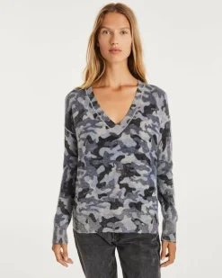 Kujten Sweaters & Sweatshirts>Women V-Neck Boyfriend Cashmere Sweater Bleu Camou