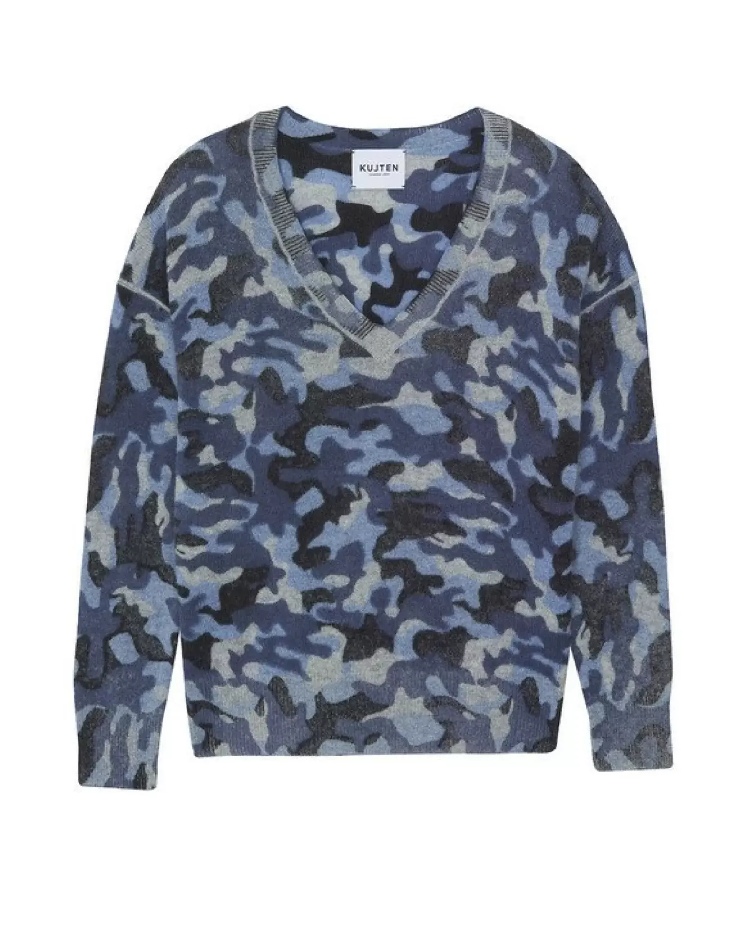 Kujten Sweaters & Sweatshirts>Women V-Neck Boyfriend Cashmere Sweater Bleu Camou