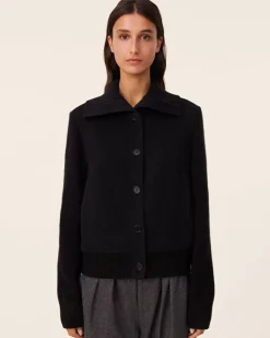 Kujten Jackets & Vests>Woven Cashmere Jacket Knitted Sleeves Noir