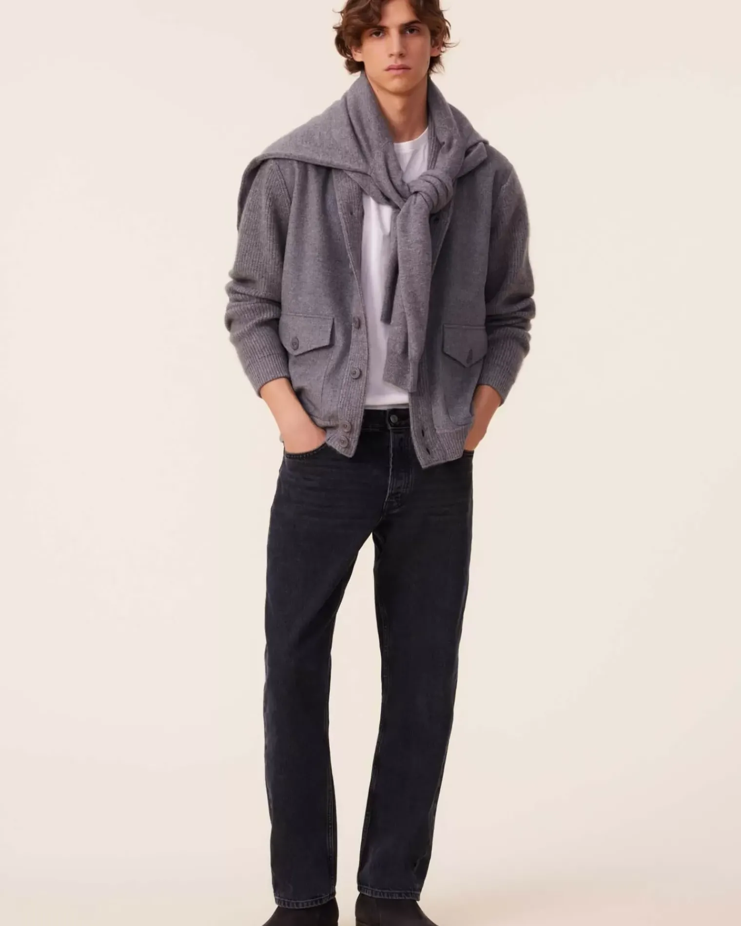 Kujten Jackets & Vests>Woven Shawl Neck Cashmere Jacket Gris Flanelle