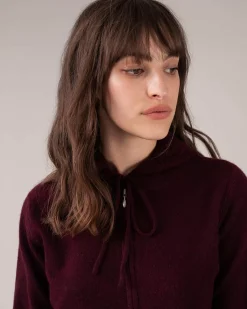 Kujten Hoodies>Zipped Hooded Round Neck Cashmere Vest Bordeaux